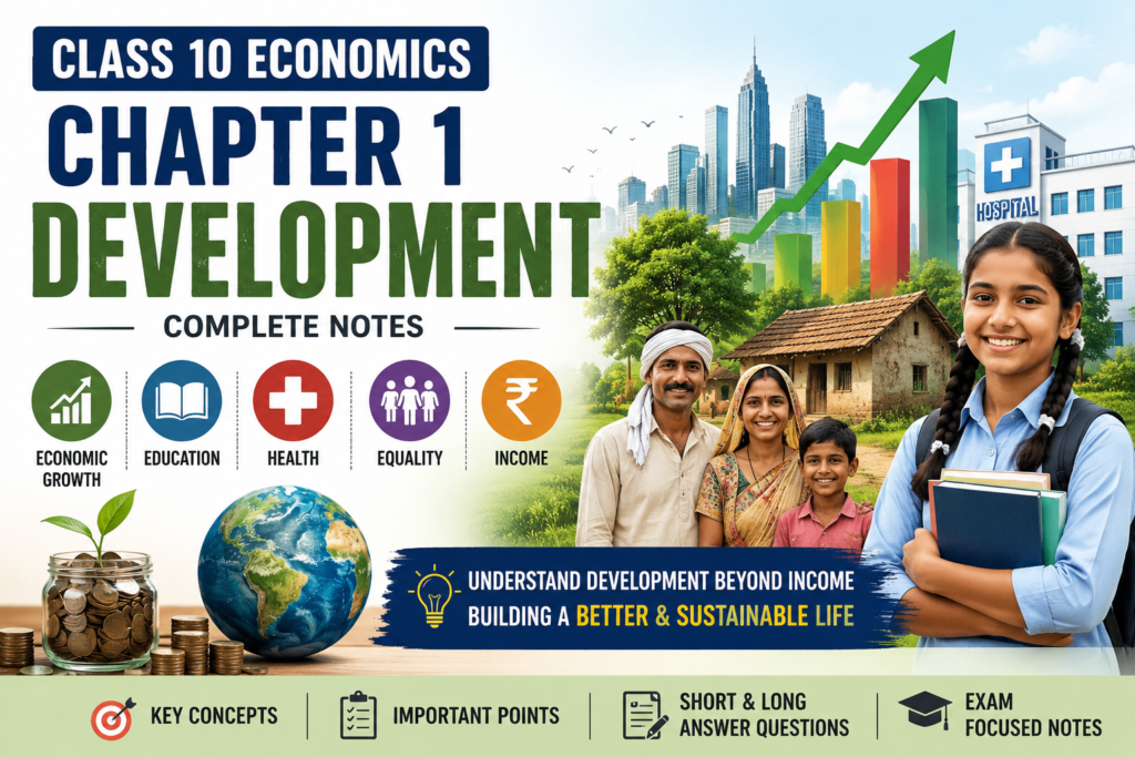Class 10 Economics Chapter 1 Development Notes feature image showing education, health, income, equality, and economic growth concepts for CBSE students.