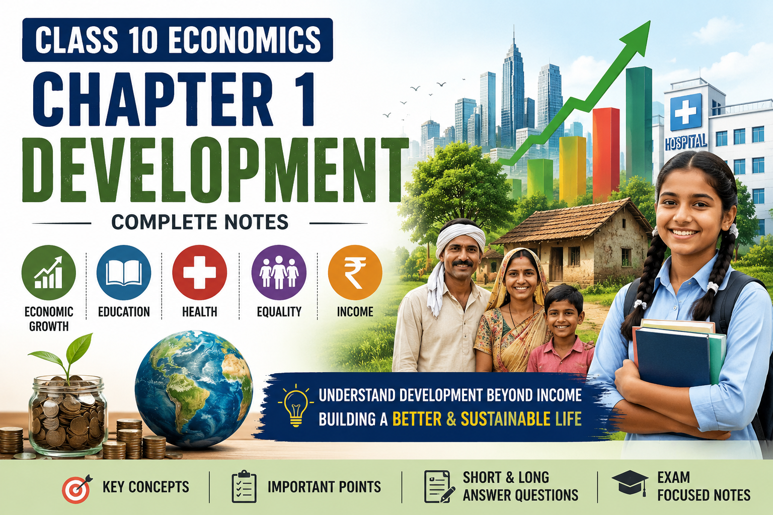 Class 10 Economics Chapter 1 Development Notes feature image showing education, health, income, equality, and economic growth concepts for CBSE students.
