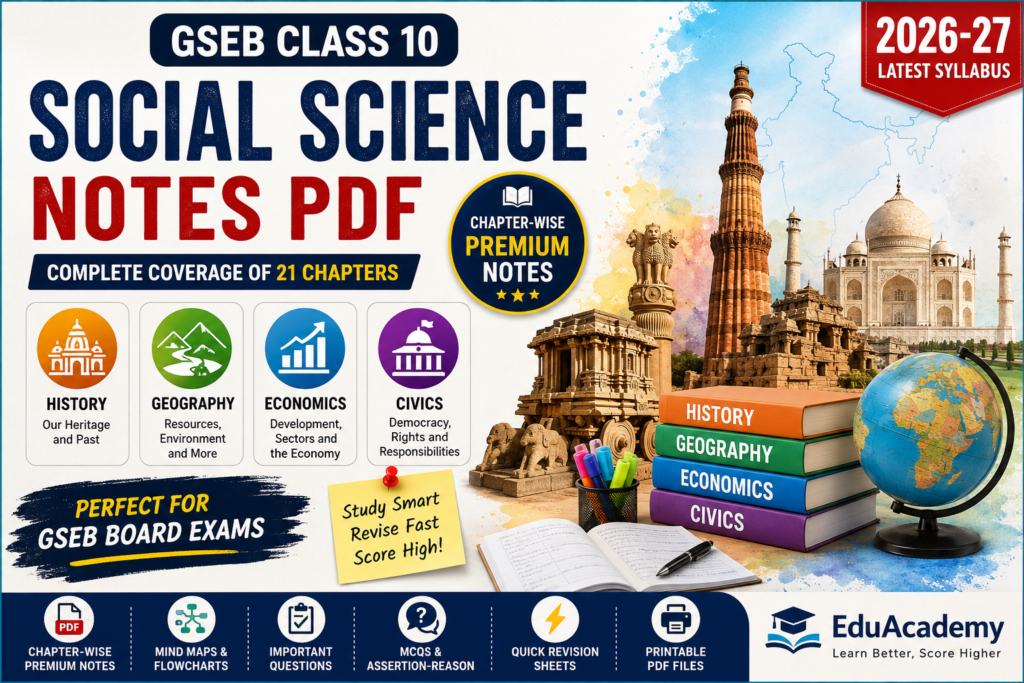 GSEB Class 10 Social Science Notes PDF 2026-27 | Chapter-wise Premium Study Material by EduAcademy