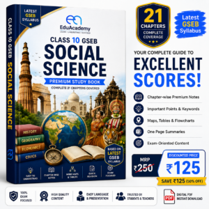 Class 10 GSEB Social Science Premium Study Book PDF cover with latest syllabus, 21 chapters, exam-focused notes, and special price ₹125.