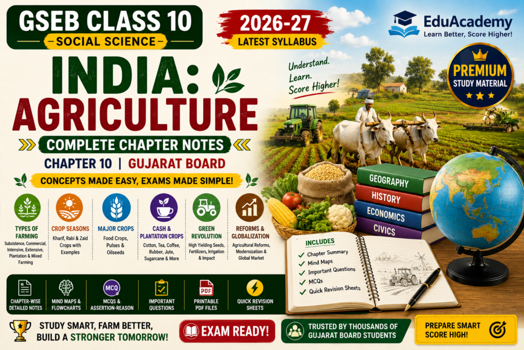 India Agriculture Notes for GSEB Class 10 Social Science Chapter 10 (2026–27) | Gujarat Board Geography Study Material by EduAcademy