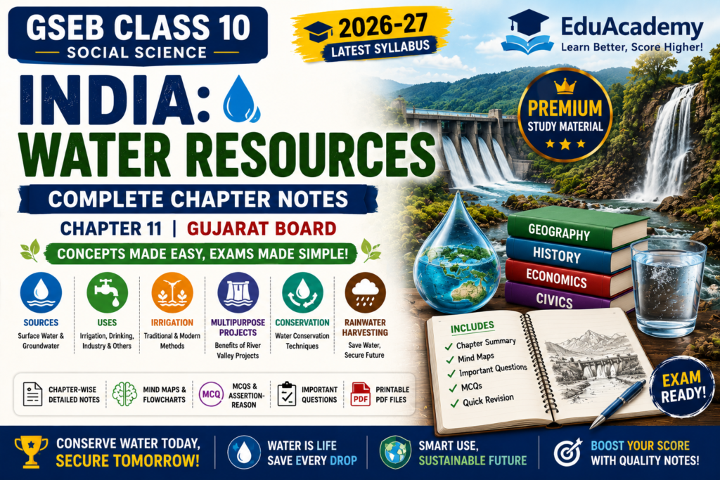India Water Resources Notes for GSEB Class 10 Social Science Chapter 11 (2026–27) | Gujarat Board Geography Study Material by EduAcademy